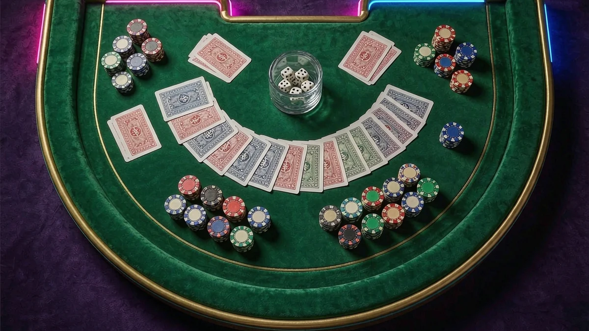 Overhead view of playing cards and chips on a green table